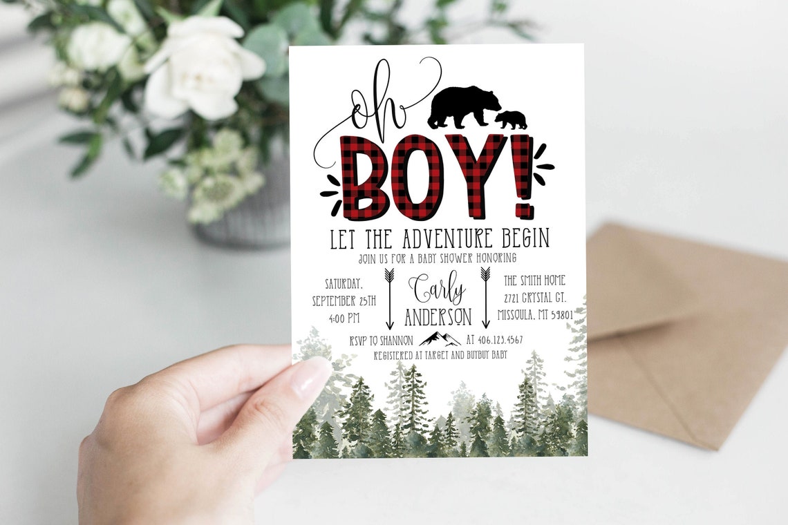 Lumberjack Baby Shower Invitation Editable Buffalo Plaid image 0