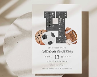 Fourth Birthday Invitation Printable Boy, Sports Birthday, All Star Editable Sports birthday Invite Template, Basketball Invite,Evite a121