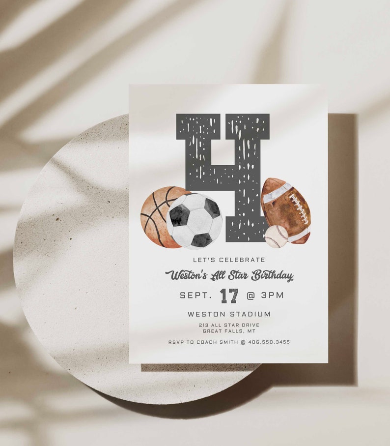 Fourth Birthday Invitation Printable Boy, Sports Birthday, All Star Editable Sports birthday Invite Template, Basketball Invite,Evite a121 image 1