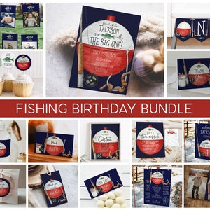 Fishing Birthday Invitation Bundle, The Big One Birthday Printable Set, First Birthday Bobber Invitation,DIY Fishing Birthday Invitation,A32