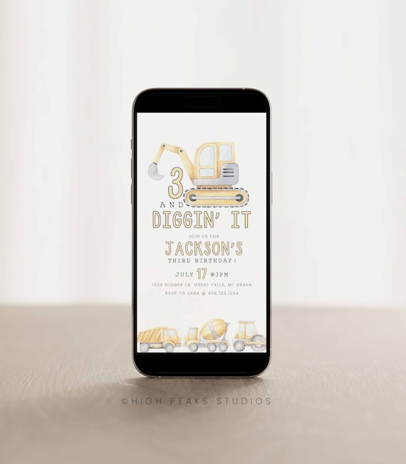 Animated Construction Birthday Evite, Dump Truck Party Invite, Diggin' It Party Invite, Editable Electronic Text Message Invite HPS22