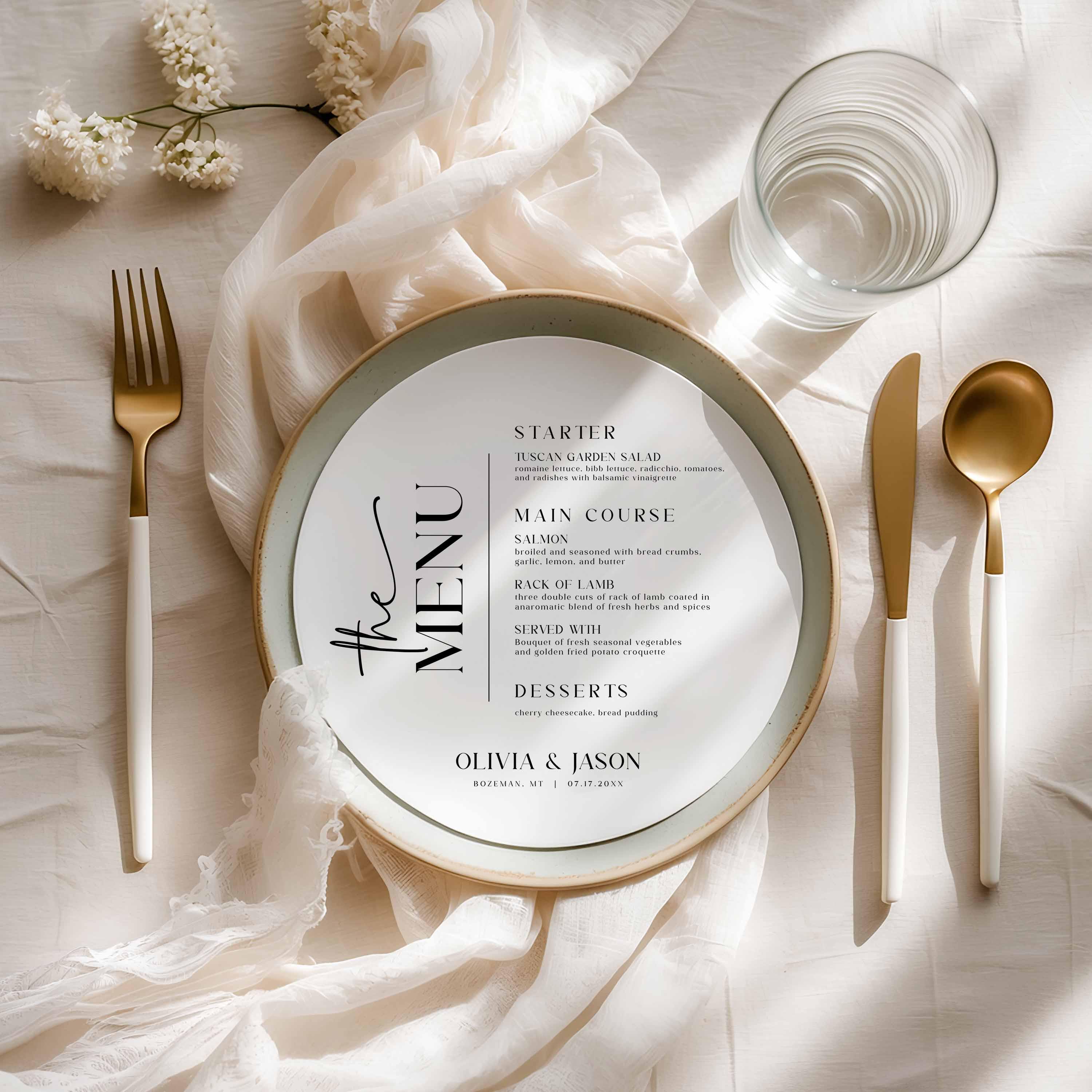 Minimalist Round Dinner Menus, Modern Wedding Circle Menu, 6in Printed ...