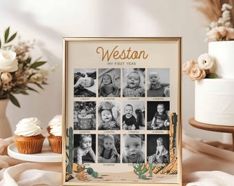 Monthly Photo Board Printable, How the West was One Western Cowboy First 12 Month Birthday Sign, Desert Wild West Canva Template, A151
