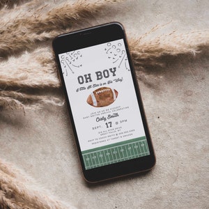 May include: A digital invitation for a baby shower with a football theme. The invitation says "Oh Boy! A little All Star is on his way!" and includes the date, time, and location of the event. The invitation also includes a football graphic.