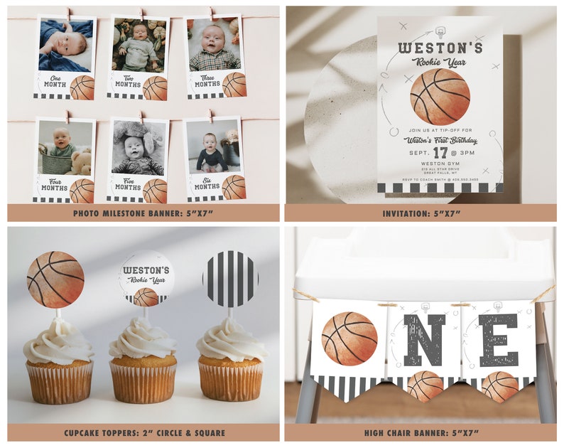 May include: A basketball-themed first birthday party printable set. The set includes a photo milestone banner, invitation, cupcake toppers, and a high chair banner. The banner features a basketball with black and white stripes, and the text "Weston's Rookie Year".