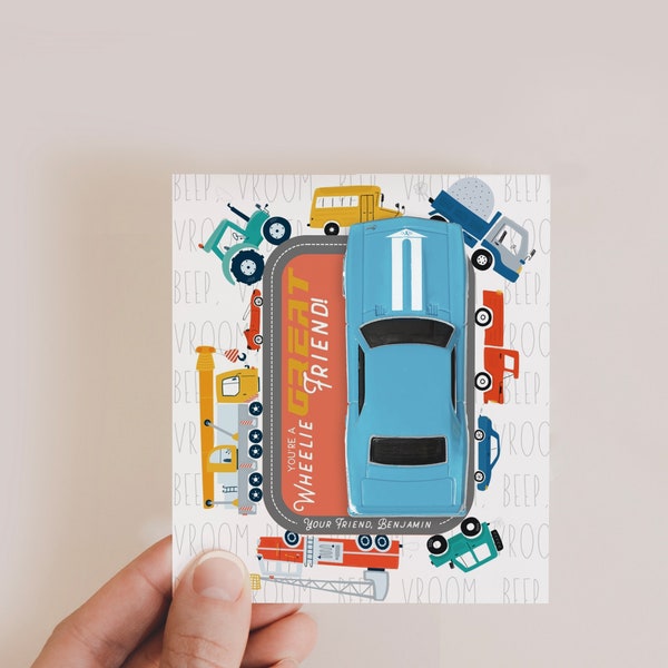 Hot Wheels Car Valentine Gift Printable, A Wheelie Great Friend, I like how you Roll, Classroom Kids,Customize with Canva, Edit all Text,V01