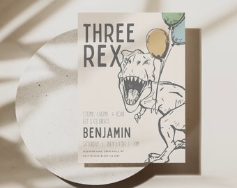 Modern Three Rex Birthday Invitation Printable Template, T-Rex Prehistoric Dinosaur Party Canva Template Digital File a156