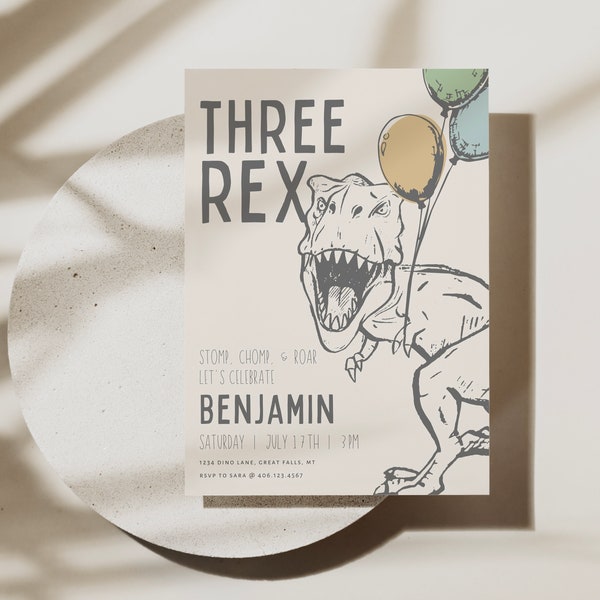 Modern Three Rex Birthday Invitation Printable Template, T-Rex Prehistoric Dinosaur Party Canva Template Digital File a156