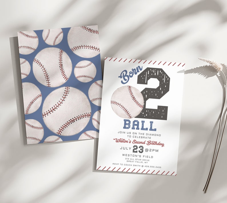 Baseball Birthday Invitation Printable Template, Born TWO Ball Vintage Baseball Editable Canva Template, Little Slugger Party A152 image 2