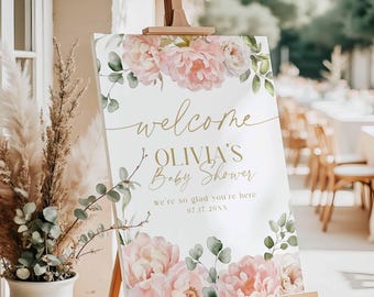 Blush Floral Baby Shower Welcome Sign, Hand Painted Flowers, Editable Canva Template (Digital Download), hs04