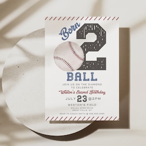 Baseball Birthday Invitation Printable Template, Born TWO Ball Vintage Baseball Editable Canva Template, Little Slugger Party A152 image 1