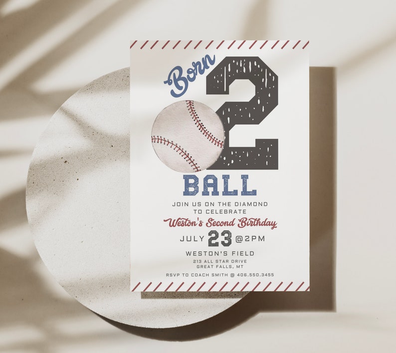 Baseball Birthday Invitation Printable Template, Born TWO Ball Vintage Baseball Editable Canva Template, Little Slugger Party A152 image 1