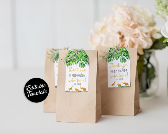 Editable Jungle Thank You Party Tags, Birthday Favor Gift Tags, We Hope You had a wild time, Safari Party Decor, gold wild animals, HP9