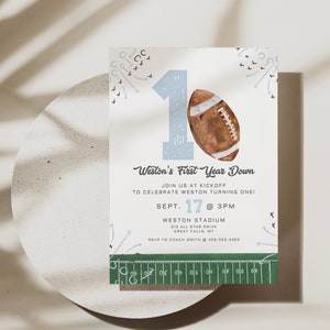 First Year Down Football Birthday Invitation, Game On, Football Invite, Editable First birthday Invite Light Blue Boy Birthday Invite,a98lb