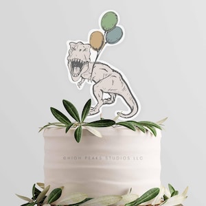 T-Rex and Balloons Birthday Cake Topper Printable, Modern Dinosaur PNG, Dino Party Decor, Instant download comes as is,not editable A156