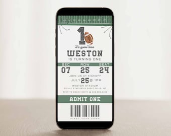 Football First Birthday Ticket Evite, It's Game Time, First Year Down Template,Game On,Football Digital Invite,Boy Birthday Text message,a98