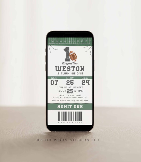 Football First Birthday Ticket Evite, It's Game Time, First Year Down Template,Game On,Football Digital Invite,Boy Birthday Text message,a98
