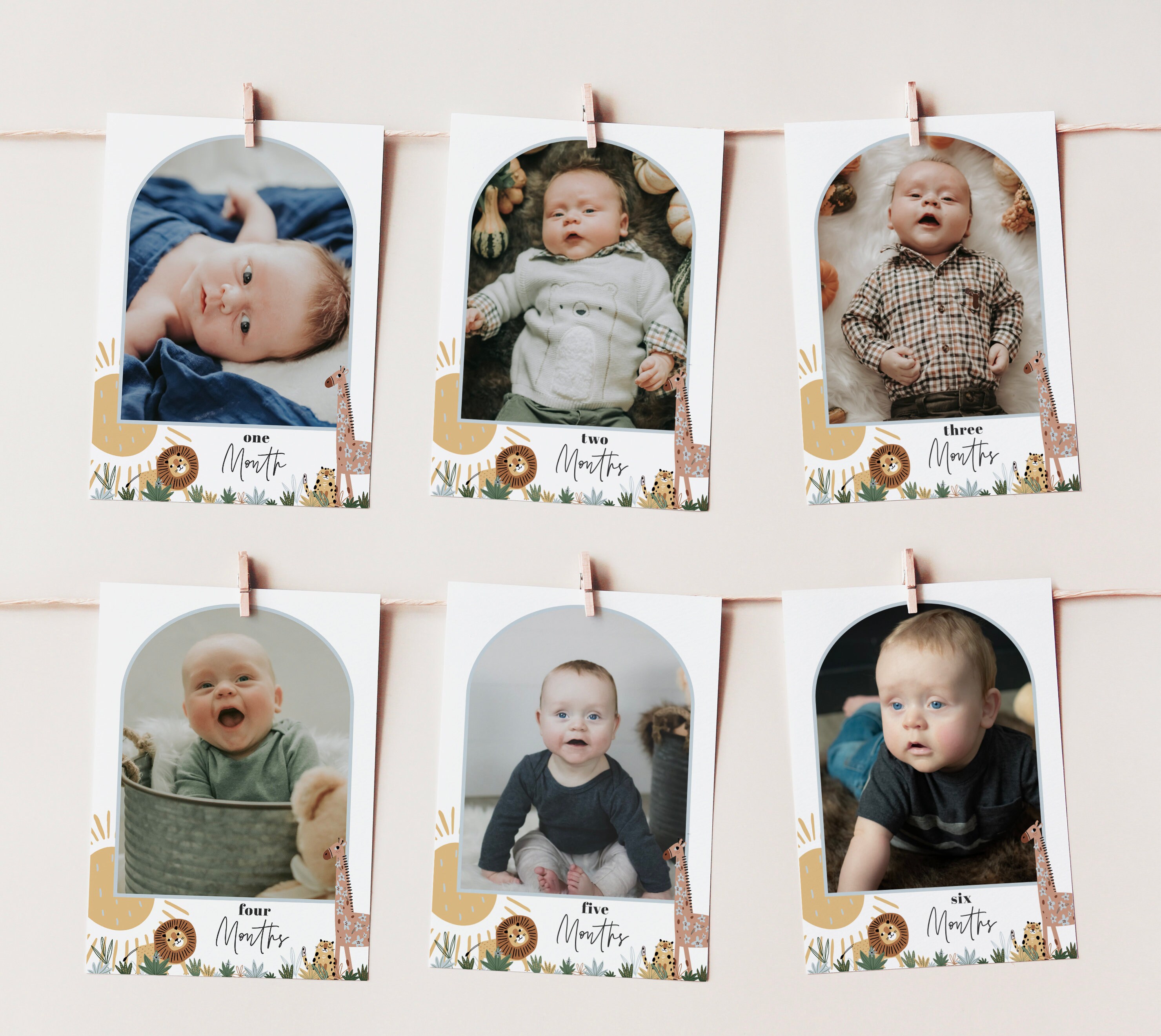 Monthly Photo Banner, First Year Picture Monthly Photos Tags Printable,  First Birthday Boy Milestone Banner Party Boho Safari Theme A89b 