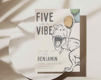 Five is a Vibe Dinosaur Birthday Invitation Printable Template, T-Rex Prehistoric Dinosaur Party Canva Template Digital File a156