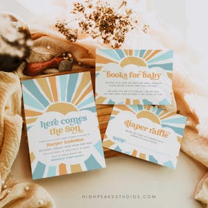 Here Comes The Son babyshower uitnodigingsset bewerkbare sjabloon, Sonshine Baby Baby's Library, Boho Sunshine luierloterij, bewerken in canvas, HPS57