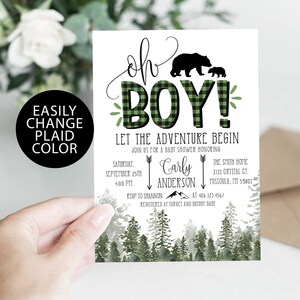 Lumberjack Baby Shower Invitation Editable, Buffalo Plaid Wilderness Bear Invitation, Rustic Boy Shower, EDIT ALL TEXT, Instant Download,A01 image 4