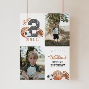 Sport Geburtstag Foto Willkommen Zeichen druckbare, bearbeiten Sie den Text, geboren TWO BALL zweiten Geburtstag großes Poster, Instant Download Canva-Datei a121