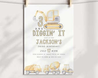 Editable Construction Birthday Invitation, Dump Truck Party Invite, Diggin' It Party Invite, Modern Canva Digital File Template HPS22