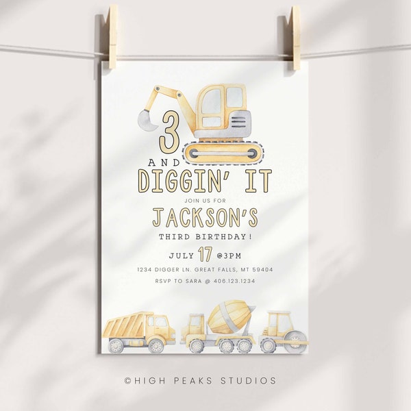 Bearbeitbare Geburtstagseinladung, Dump Truck Party einladen, Diggin 'It Party einladen, moderne Canva Digitale Dateivorlage HPS22