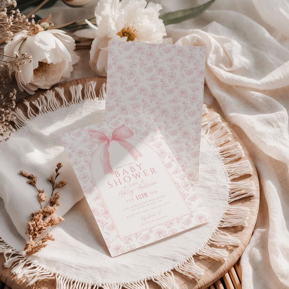 Printed & Shipped Pink Bow Floral Toile Baby Shower Invitation, Elegant Chinoiserie Coquette Bow, Cottagecore, HPS47P