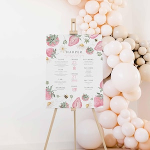 Modèle de carte d'étape anniversaire aux fraises, thème de la première fête des baies, ma chérie, 1er anniversaire, affiche modifiable abeille et fleur fichier canva a75