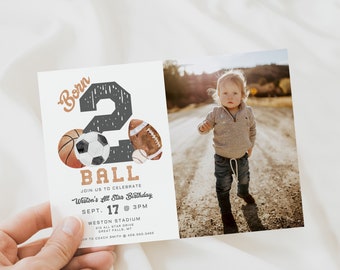 Second Birthday Invitation Printable Boy, Born Two Ball Sport Birthday,All Star Editable Sports Photo Invite Template,Basketball Evite a121