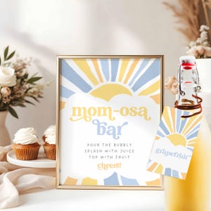 Plantillas imprimibles editables de letreros de bar y etiquetas para jugos de Momosa, Baby Shower Sonshine para niño, Aquí viene el hijo, Plantilla de Canva, Momosa, HPS57y