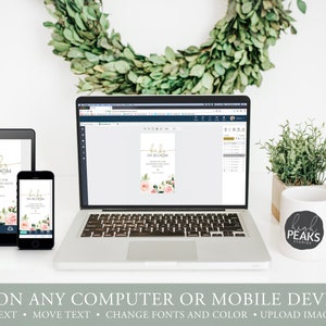 May include: A digital mockup of a baby shower invitation with a floral design. The invitation says "Baby in Bloom" and features pink and green flowers. The invitation is displayed on a laptop, tablet, and smartphone.