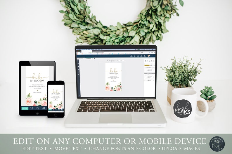May include: A digital mockup of a baby shower invitation with a floral design. The invitation says "Baby in Bloom" and features pink and green flowers. The invitation is displayed on a laptop, tablet, and smartphone.