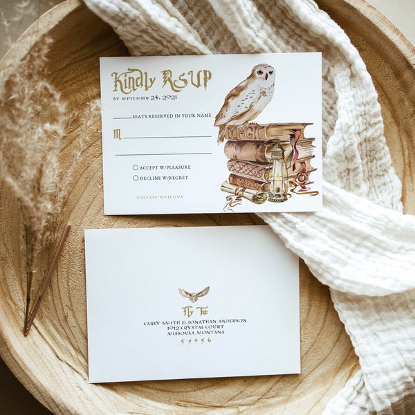 Wizard RSVP Card Template, DIY Wedding Reply Card, White Owl Books Reply Card, The Little Details,Wizard CastleWedding, Birthday rsvp,c108