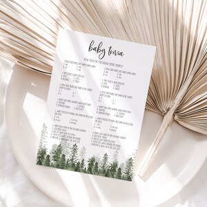 Baby Trivia Baby Shower Game, Woodland Baby Shower Game Card, Rustic Pine Trees,Editable trivia activity printable,Editable Digital file,P14