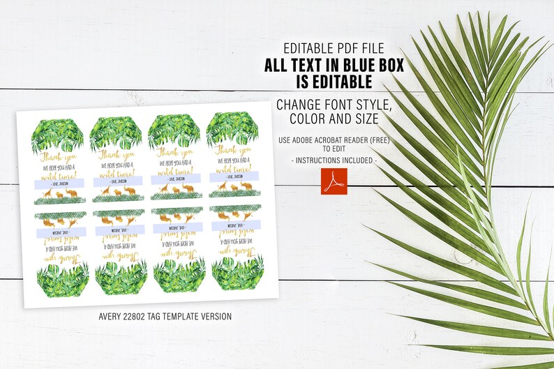 Pode incluir: Folhas de etiquetas de presente imprim&iacute;veis com tema de selva. Cada etiqueta apresenta uma ilustra&ccedil;&atilde;o em aquarela de folhagem verde, uma faixa azul e o texto "Thank you, we hope you had a wild time!". Projetado para o modelo Avery 22802.