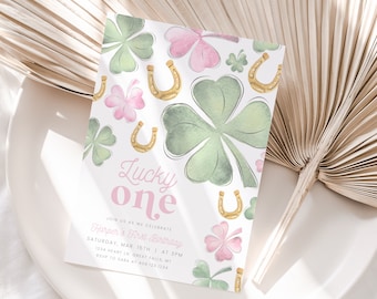 Lucky One Geburtstagseinladung Mädchen druckbare, rosa Shamrock, goldene Hufeisen, bearbeiten Sie den ganzen Text, personalisieren in Canva, St. Patrick's März,HPS10p