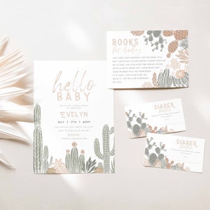 Cactus babyshower uitnodigingsset, Fiesta Desert Boho insteekkaarten bundelsjablonen, bewerkbare boekkaart, luierloterij en uitnodiging, canvas, a158
