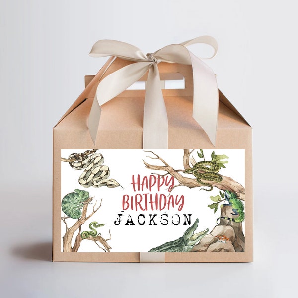 EDITABLE Reptile Gable Box label Boy, Lizard Birthday Favors Box Sticker, Snake Party, Editable Happy Birthday label, Edit all Text, a84