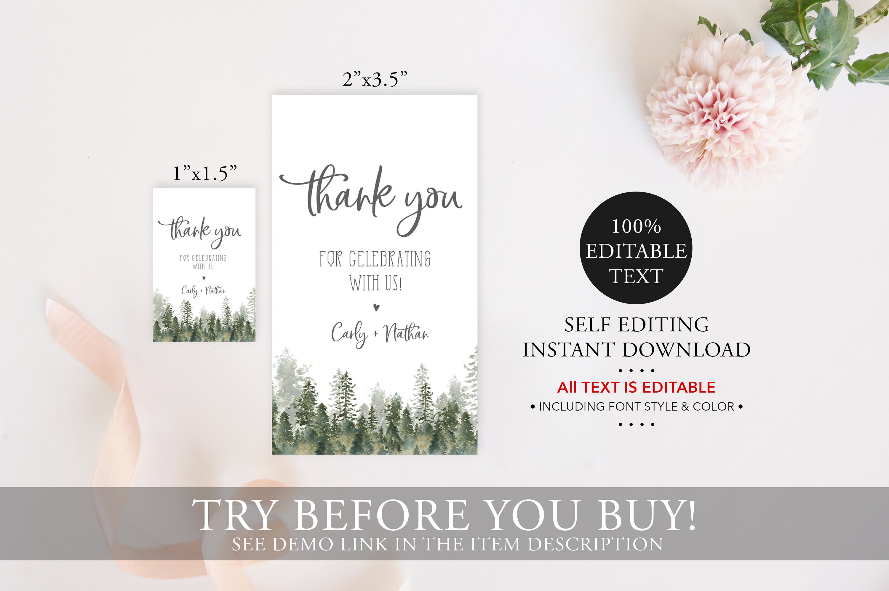 Editable Pine Tree Thank You Tag: Watercolor Forest Wedding (digital ...