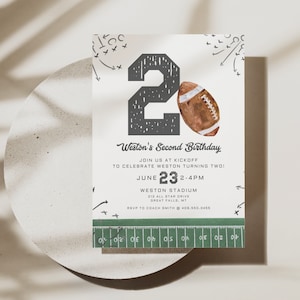 May include: A football-themed birthday invitation with a watercolor football and the number 2. The text reads "Weston's Second Birthday" and includes event details: June 23, 2-4 PM, Weston Stadium, and RSVP information.