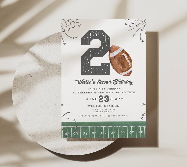 May include: A football-themed birthday invitation with a watercolor football and the number 2. The text reads "Weston's Second Birthday" and includes event details: June 23, 2-4 PM, Weston Stadium, and RSVP information.