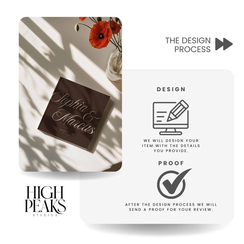 May include: A square dark brown book with the text Sophia & Marcus in white script. The design process graphic shows a computer icon with a pencil and a checkmark icon with the text THE DESIGN PROCESS, DESIGN, and PROOF. High Peaks Studios logo.