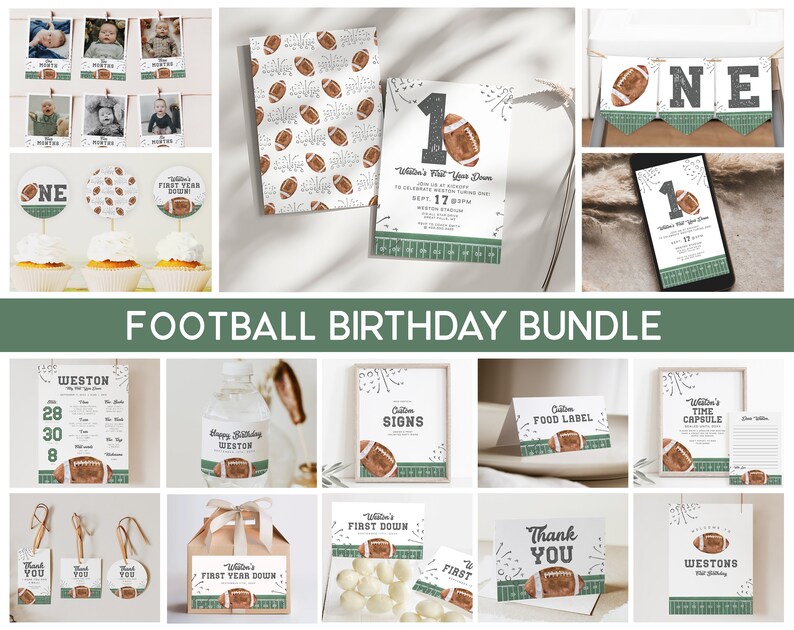 May include: A football-themed birthday party printable bundle with a variety of items, including invitations, food labels, thank you cards, and decorations. The items feature a green and brown color scheme with footballs and the text "First Year Down".