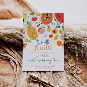 Invitación de cumpleaños de TWOtti frutti, invitación de segundo cumpleaños con frutas tropicales de verano, fiesta de segundo cumpleaños, descarga instantánea, archivo Canva a95