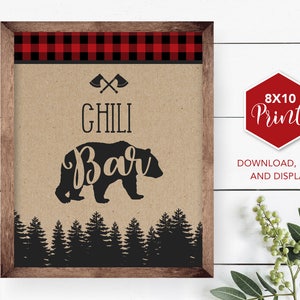Letrero de fiesta de leñador de Chili Bar, descarga instantánea, oso, hachas de leñador, letrero de cumpleaños para niños, cuadros escoceses, decoraciones para fiestas, bosque, P13