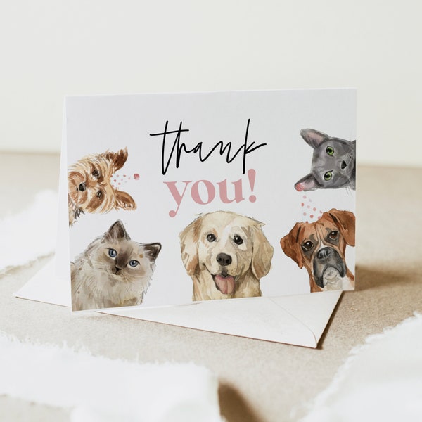 Folded Thank You Card Printable,Dog and Cat Birthday Thank You card,Kitten and Puppy Thank You Printable,Editable DIGITAL file Template a62
