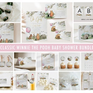 Classic Winnie The Pooh Girl Baby Shower Invitation Bundle, Pink Balloon Baby Shower Decor Big Bundle Printable Set Digital Files  A70g