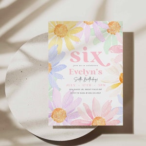 Pastel Daisy Sixth Birthday Invitation, Girl Flower Birthday Party Invite, Colorful Watercolor Daisies,Editable Canva Digital Template HPS32
